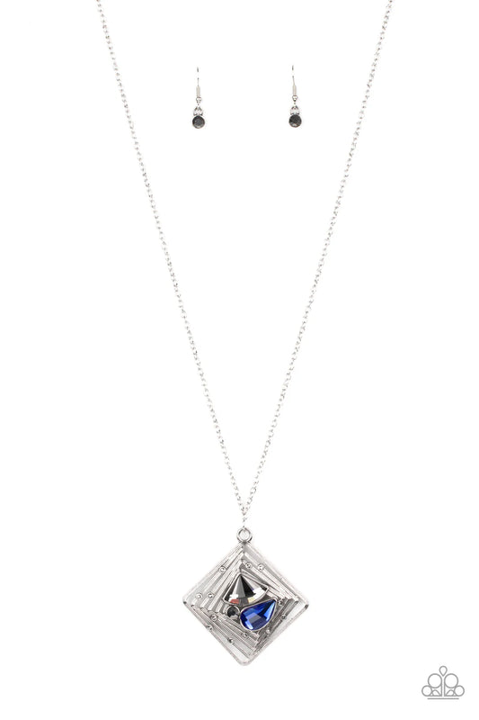 Timelessly Tilted - Blue, Hematite, & White Rhinestone Center/Twisted Silver Bar Pendant Necklace & matching earrings