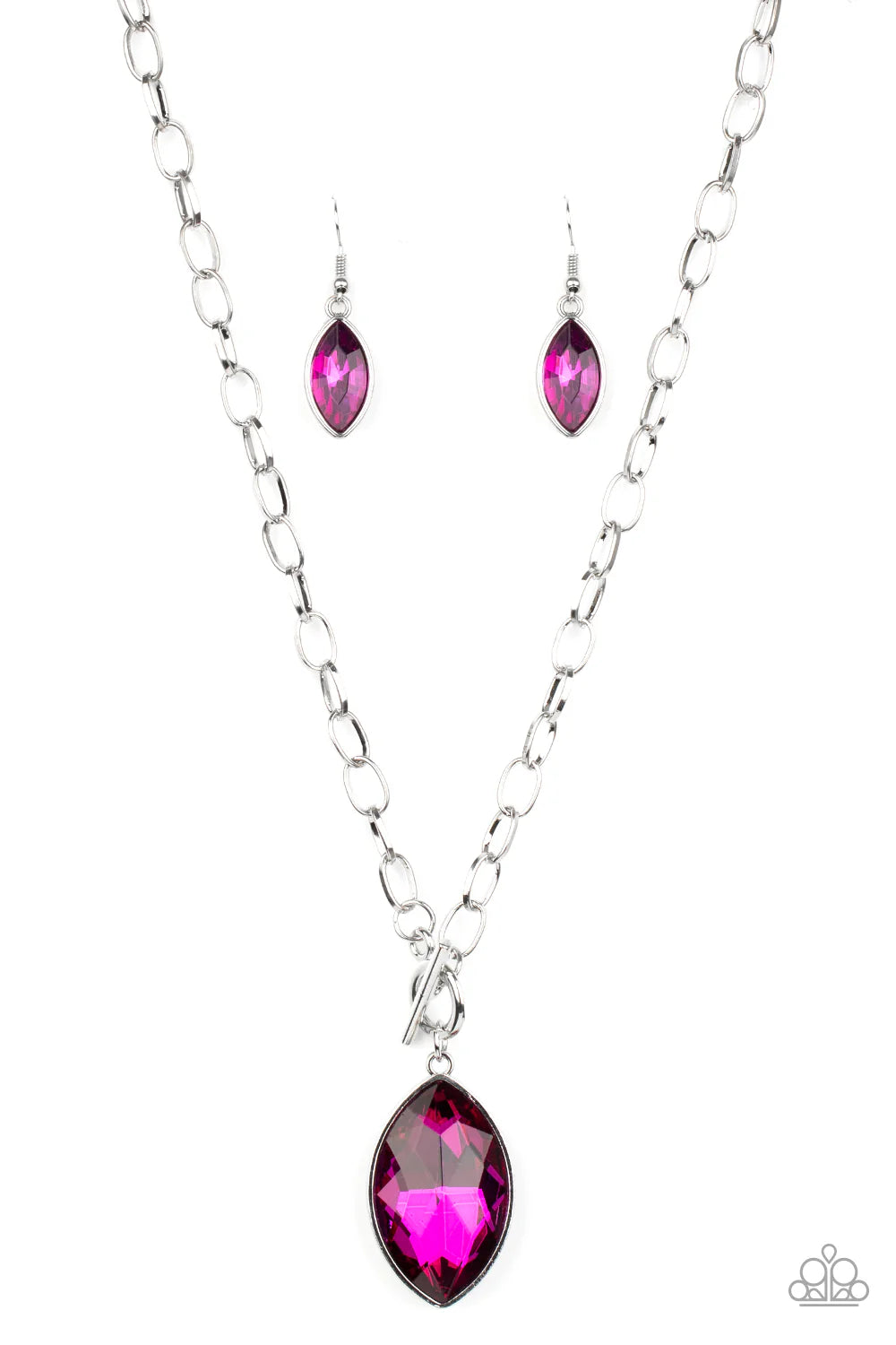 Unlimited Sparkle - Pink Oversized Marquise-Style Rhinestone Pendant Toggle Necklace & matching earrings