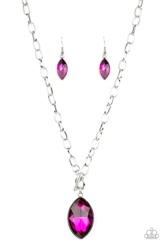 Unlimited Sparkle - Pink Oversized Marquise-Style Rhinestone Pendant Toggle Necklace & matching earrings