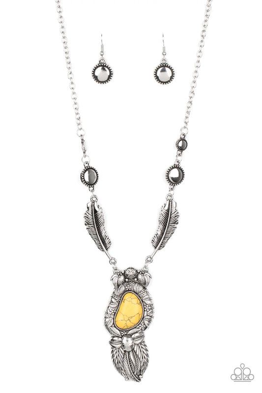 Ruler of The Roost - Yellow Stone Pendant/Silver Feather Frame Necklace & matching earrings