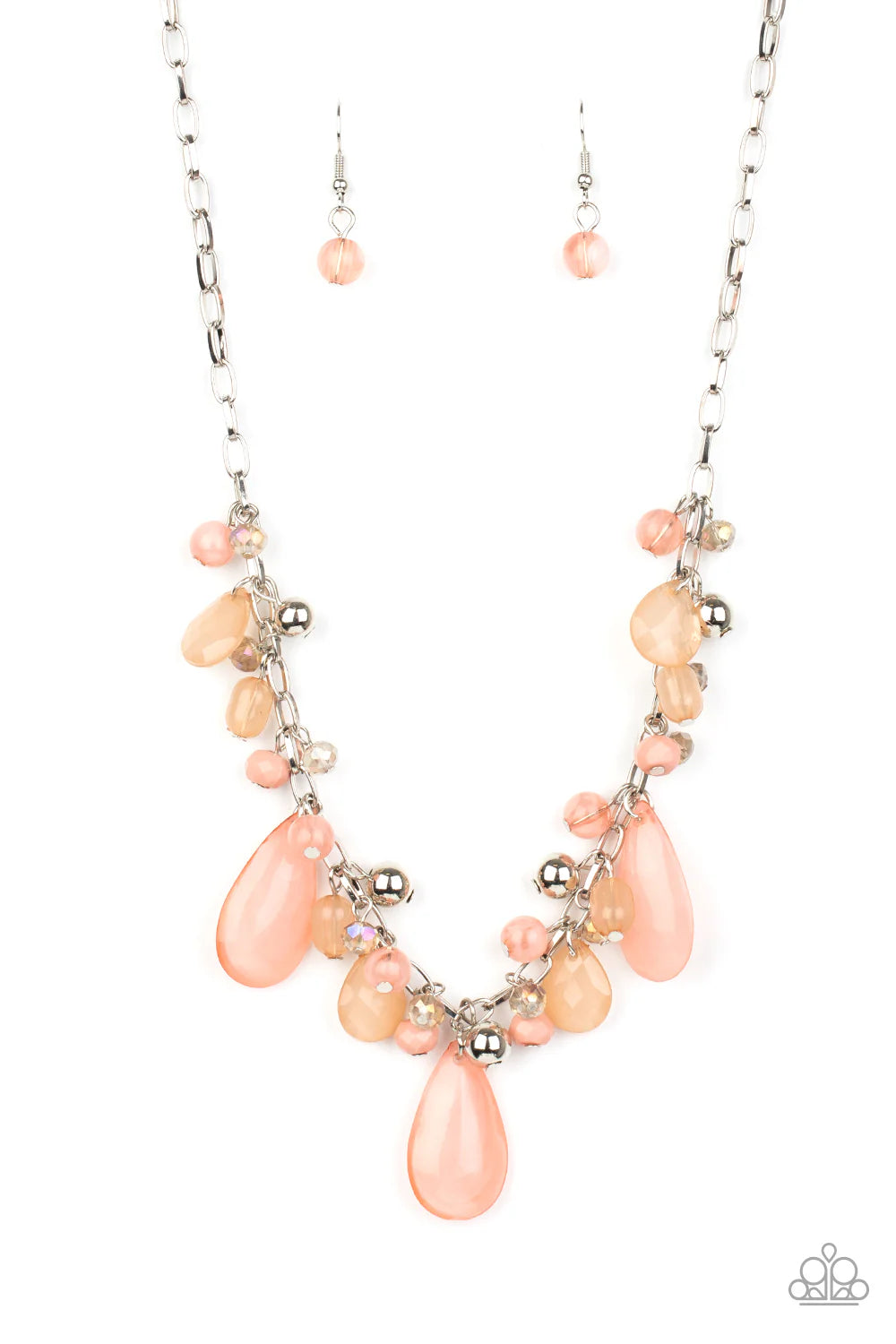 Seaside Solstice - Pink Round & Teardrop Shaped Beads, Silver, & Iridescent Beaded Fringe Necklace & matching earrings