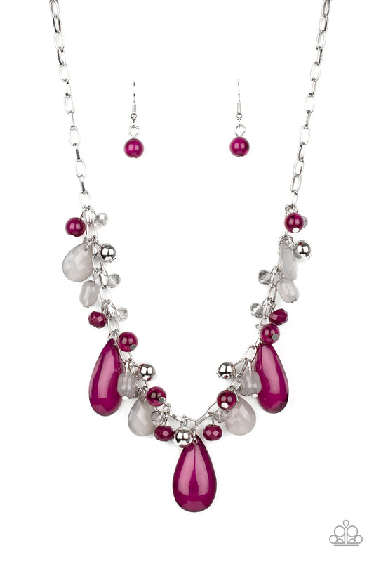 Seaside Solstice - Purple, Sleet, Silver, & Iridescent Beaded Fringe Necklace & matching earrings