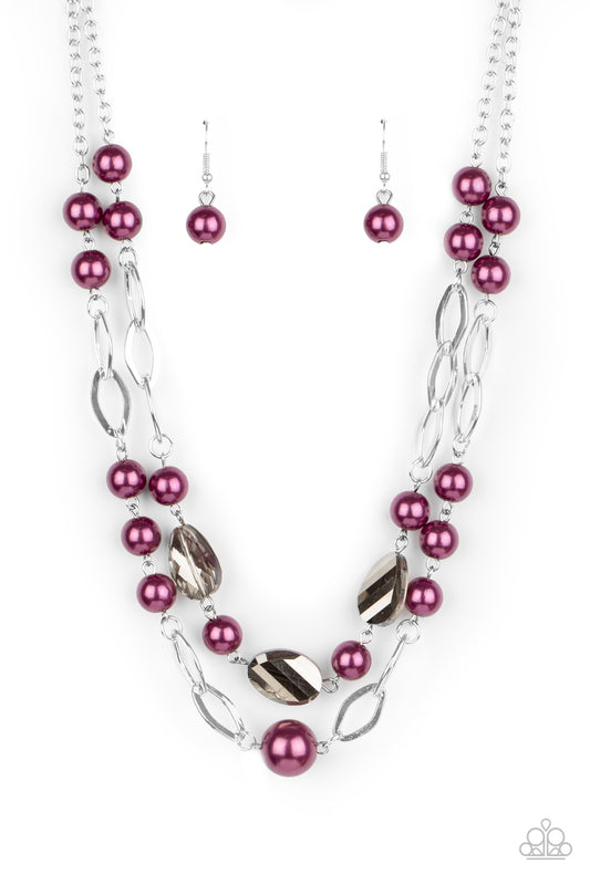 Fluent In Affluence - Purple Pearls/Shimmery Silver Ovals/Crystal-Like Gems Double Layer Necklace & matching earrings