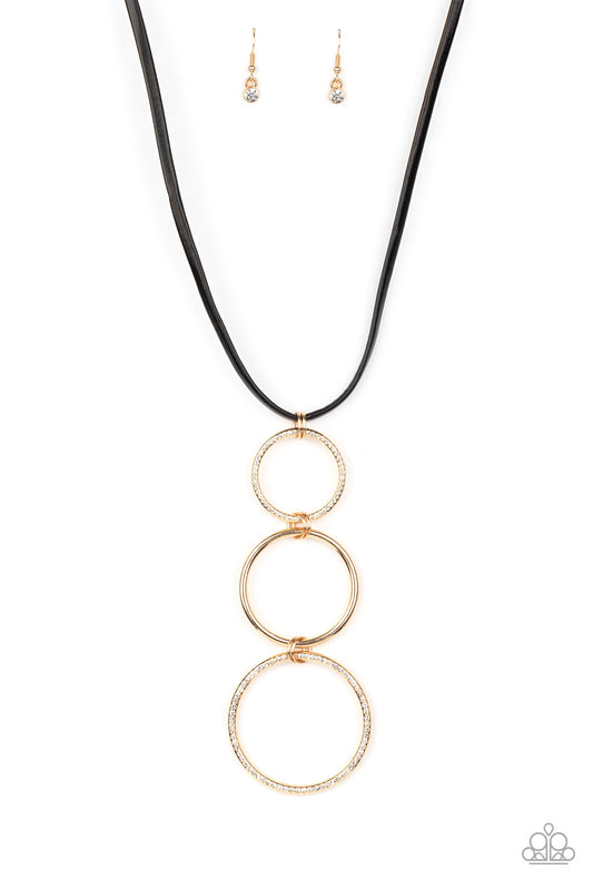 Curvy Couture - Gold Hoop/White Rhinestone Encrusted Hoop Paparazzi Pendant Necklace & matching earrings