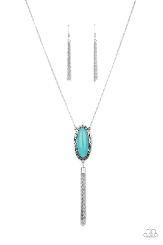 Ethereal Eden - Blue/Turquoise Oval Stone/Antiqued Tribal Inspired Silver Frame/Silver Chain Tassel Necklace & matching earrings