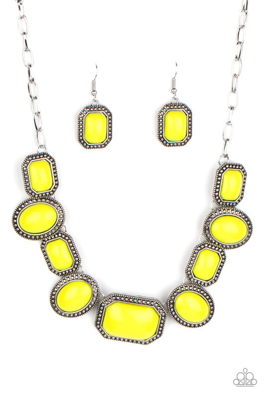 Lets Get Loud - Yellow Neon Oval & Rectangular Beaded Necklace & matching earrings