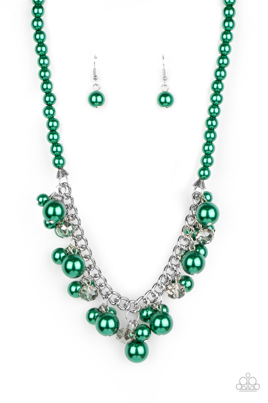 Prim and POLISHED - Green Pearls/Chunky Silver Chain/Smoky Metallic Crystals Necklace & matching earrings