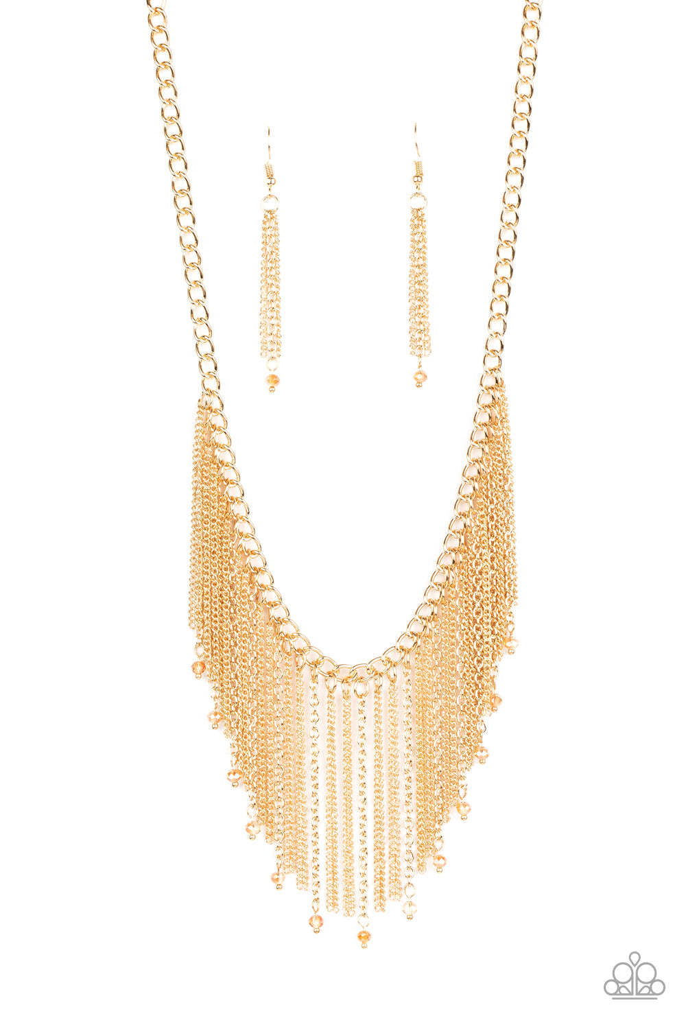 Cue the Fireworks - Gold  Chain Tapered Fringe Paparazzi Necklace & matching earrings