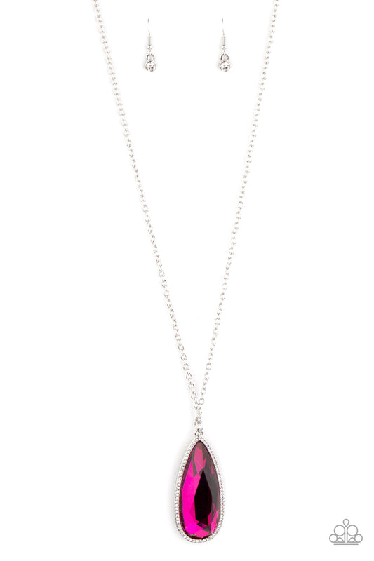 Watch Out For REIGN - Pink Teardrop Gem/White Rhinestone Encrusted Frame Pendant Paparazzi Necklace & matching earrings