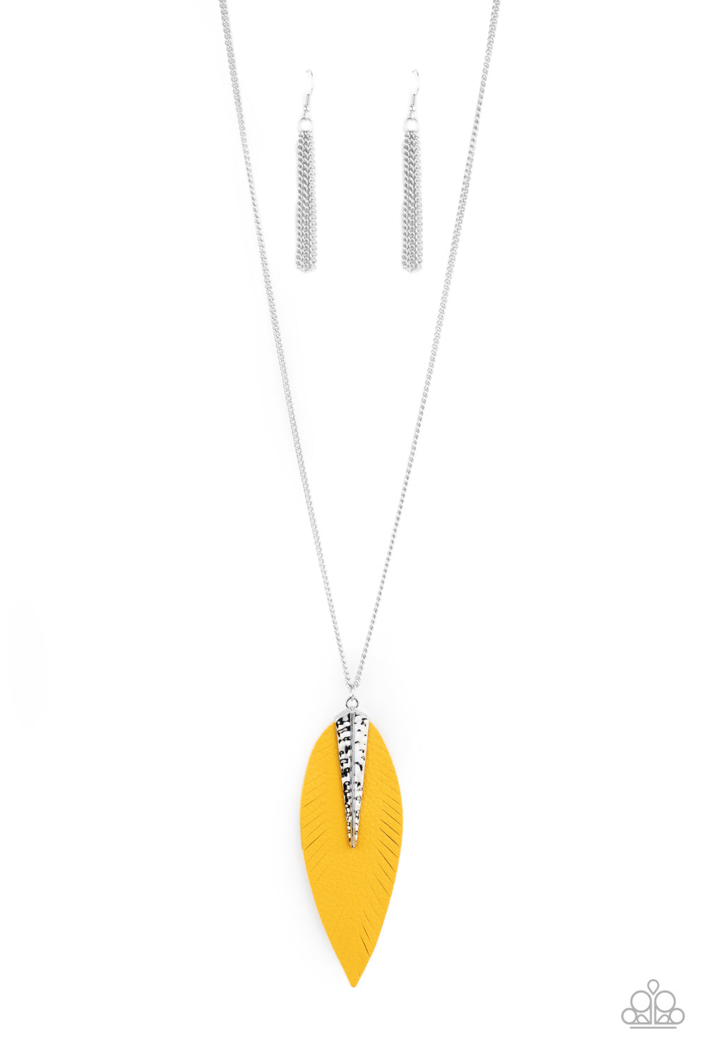 Quill Quest - Yellow Leather Leaf Shaped Pendant Paparazzi Necklace & matching earrings