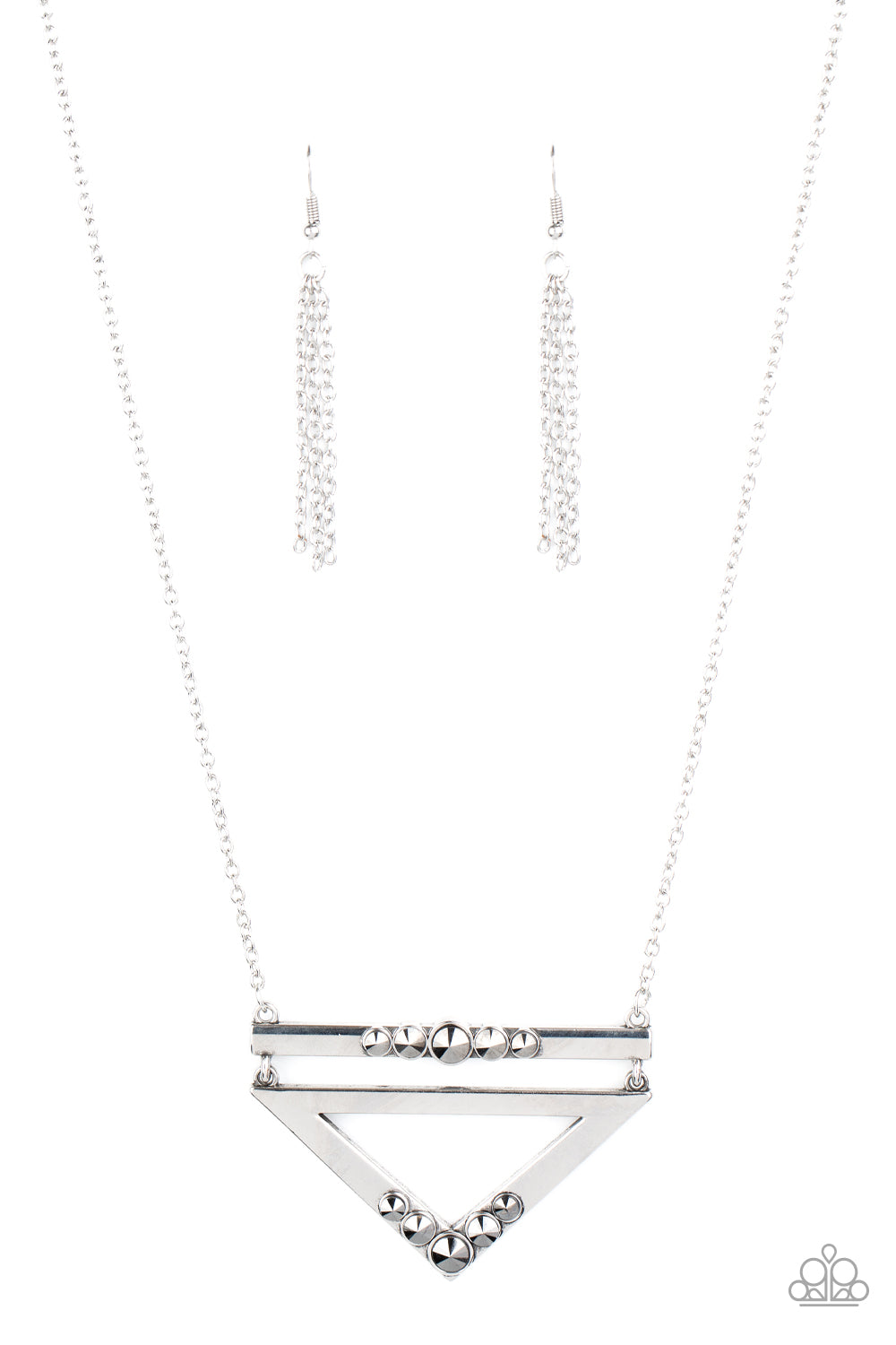 Triangulated Twinkle - Silver Triangular Frame/Hematite Rhinestones Paparazzi Necklace & matching earrings