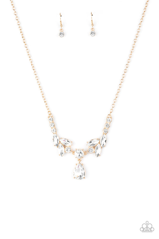 Unrivaled Sparkle - Gold Tiered Rhinestone Encrusted Frames/Oversized White Teardrop Rhinestone Pendant Necklace & matching earrings