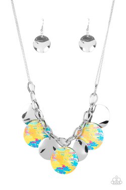 Tie Dye Drama - Yellow, Blue, & Pink Tie Dye Print Disc Paparazzi Necklace & matching earrings