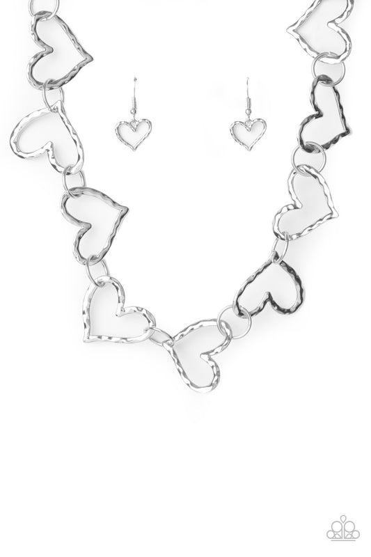Vintagely Valentine - Silver Linked Hammered Heart Paparazzi Necklace & matching earrings