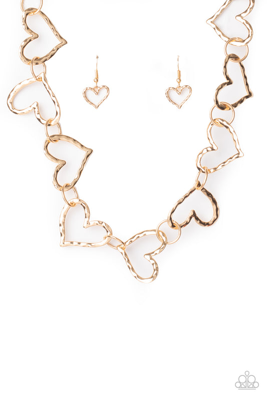 Vintagely Valentine - Gold Linked Hammered Heart Paparazzi Necklace & matching earrings