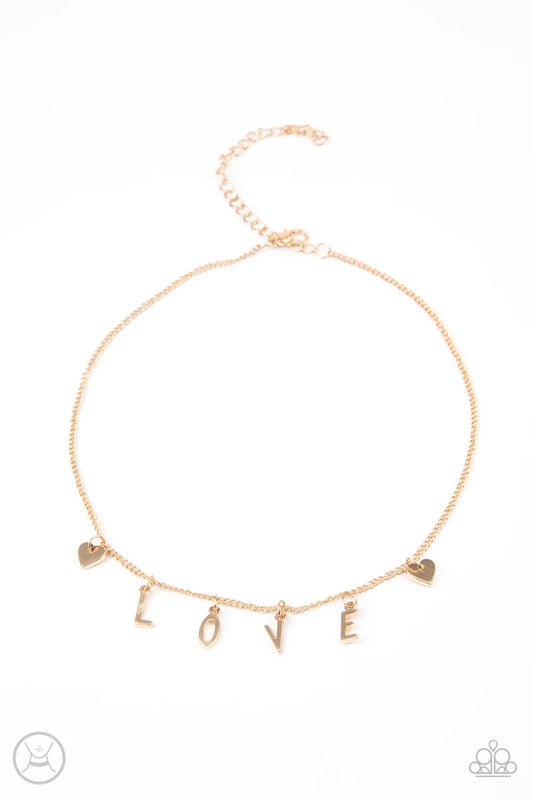 Love Conquers All - Gold "LOVE" Paparazzi Choker Necklace & matching earrings
