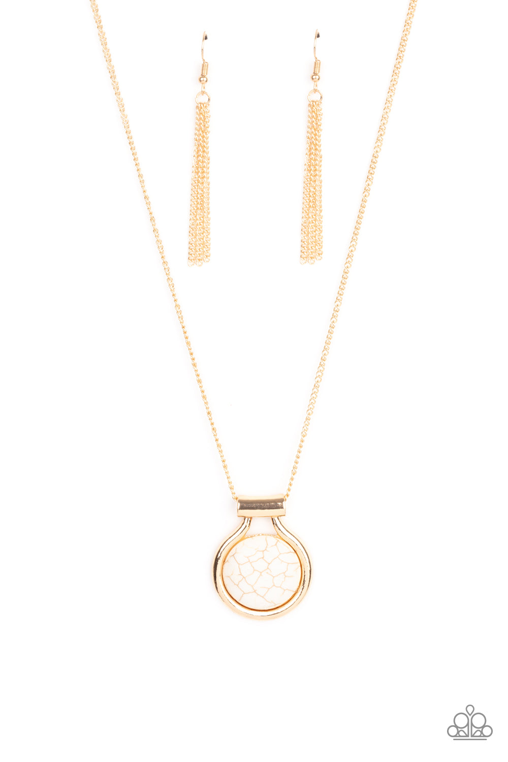 Patagonian Paradise - Gold/White Stone Pendant Paparazzi Necklace & matching earrings