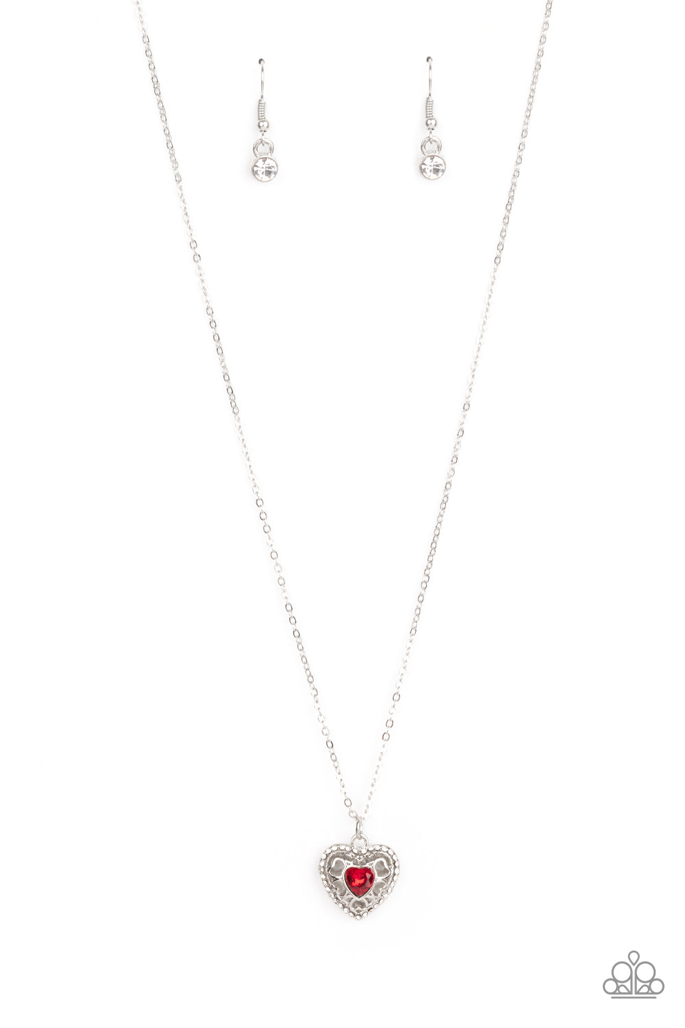 Treasures of the Heart - Red & White Rhinestone Encrusted Heart Pendant Paparazzi Necklace & matching earrings