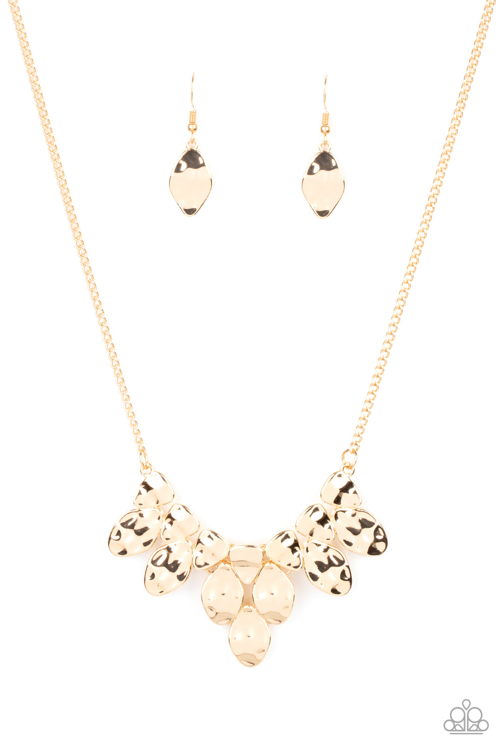 Rustic Smolder - Gold Asymmetrical Paparazzi Necklace & matching earrings