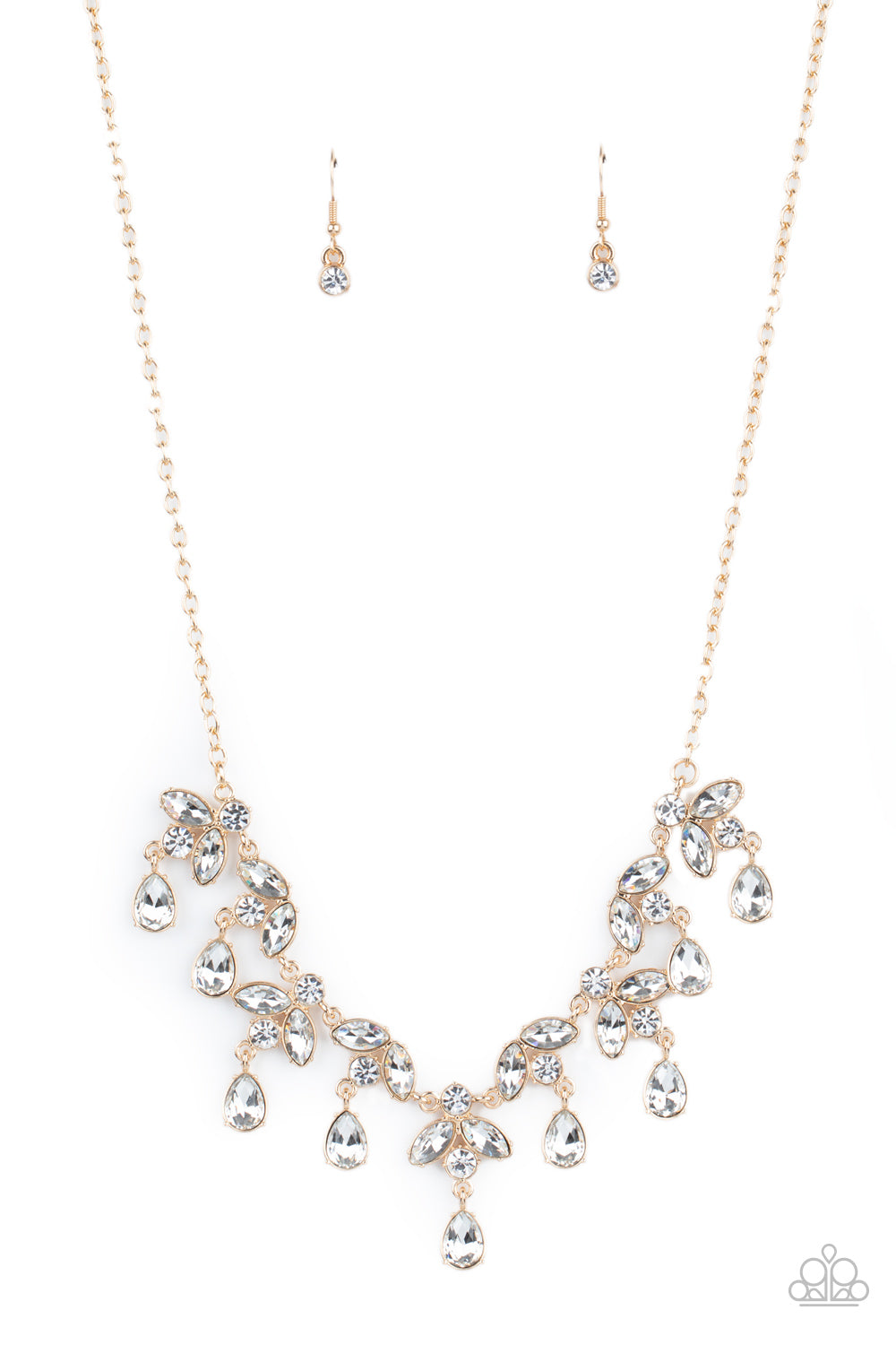 Vintage Royale - Gold Chain/White Rhinestones Paparazzi Necklace & matching earrings Life of the Party March 2021