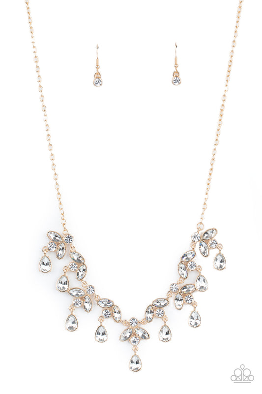 Vintage Royale - Gold Chain/White Rhinestones Paparazzi Necklace & matching earrings Life of the Party March 2021