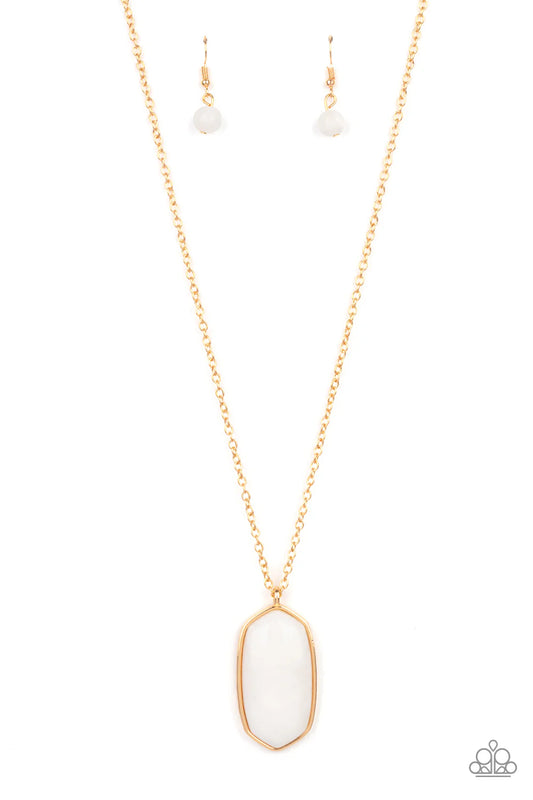 Elemental Elegance - White Stone Pendant & Gold Chain Paparazzi Necklace & matching earrings