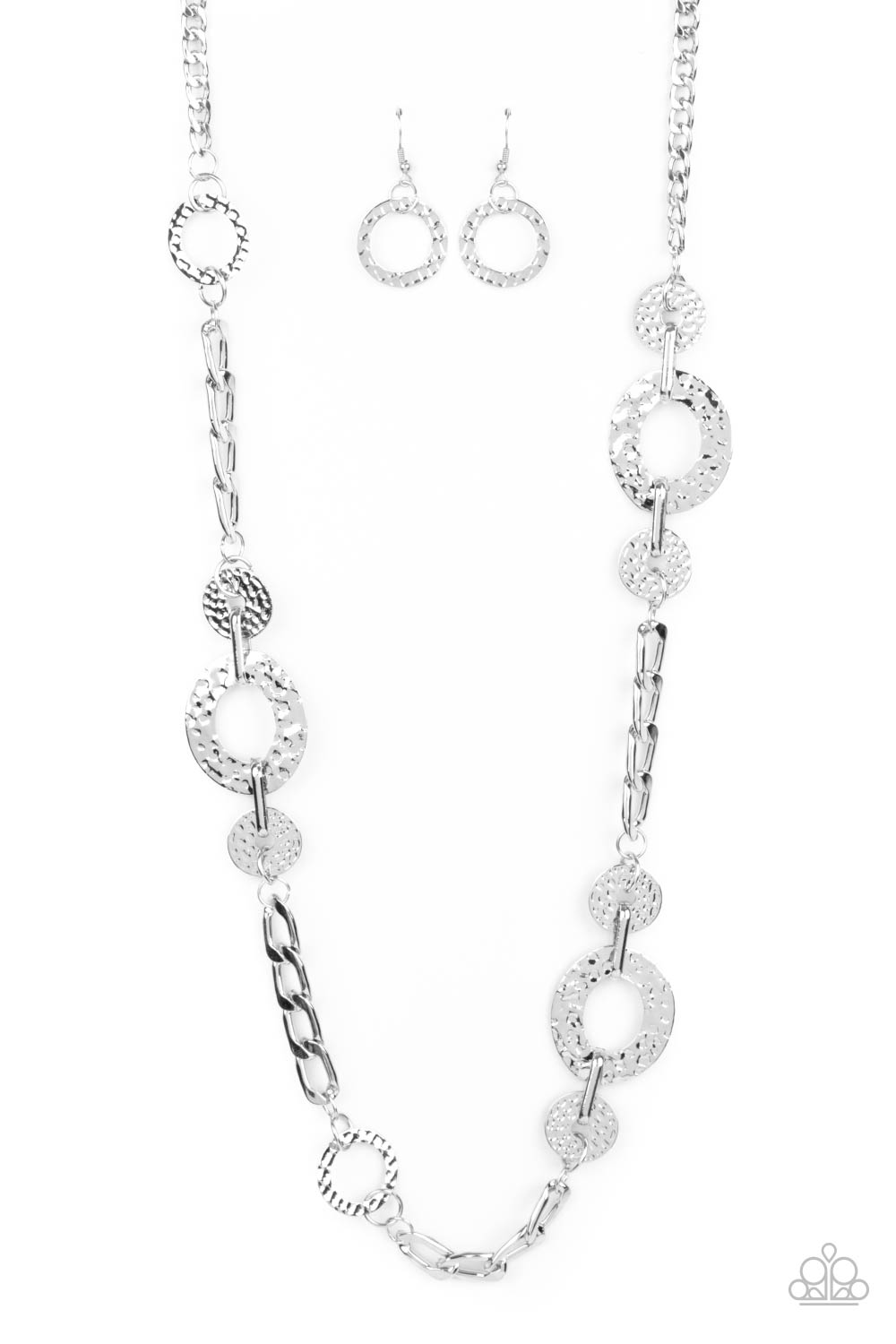 Mechanically Metro - Silver Hammered Discs, Rings, & Chunky Silver Chain Paparazzi Necklace & matching earrings