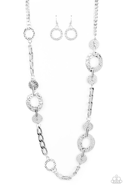 Mechanically Metro - Silver Hammered Discs, Rings, & Chunky Silver Chain Paparazzi Necklace & matching earrings