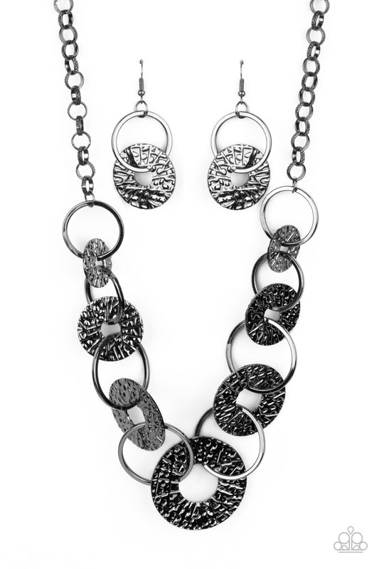 Industrial Envy - Gunmetal Rings & Abstract Hammered Disc Paparazzi Necklace & matching earrings