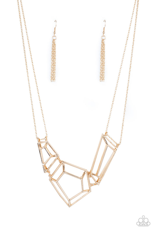 3-D Drama - Gold Bar 3-Dinemsional Geometric Paparazzi Necklace & matching earrings