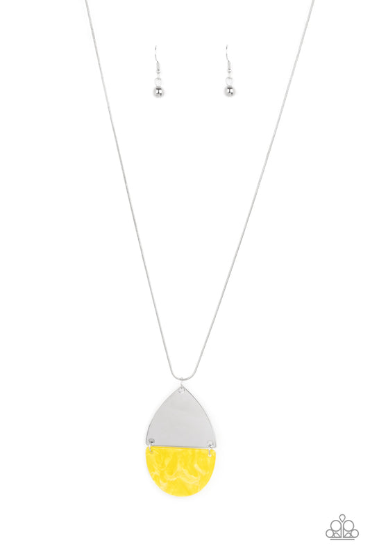 Rainbow Shores - Yellow Shell-Like Half Moon/Silver Triangle Paparazzi Pendant Necklace & matching earrings