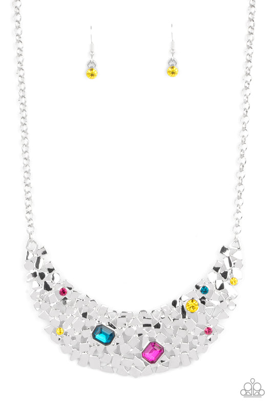 Fabulously Fragmented - Multi Rhinestone/Fragmented Silver Frame Paparazzi Necklace & matching earrings
