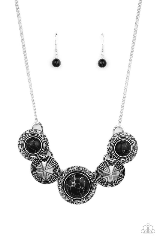 Canyon Cottage - Black Swirly Pattern Stone Frame Paparazzi Necklace & matching earrings