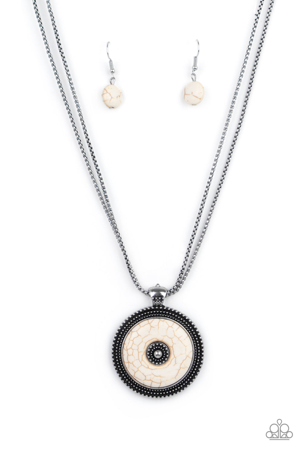 EPICENTER of Attention - White Stone Disc & Textured Silver Frame Pendant Paparazzi Necklace & matching earrings
