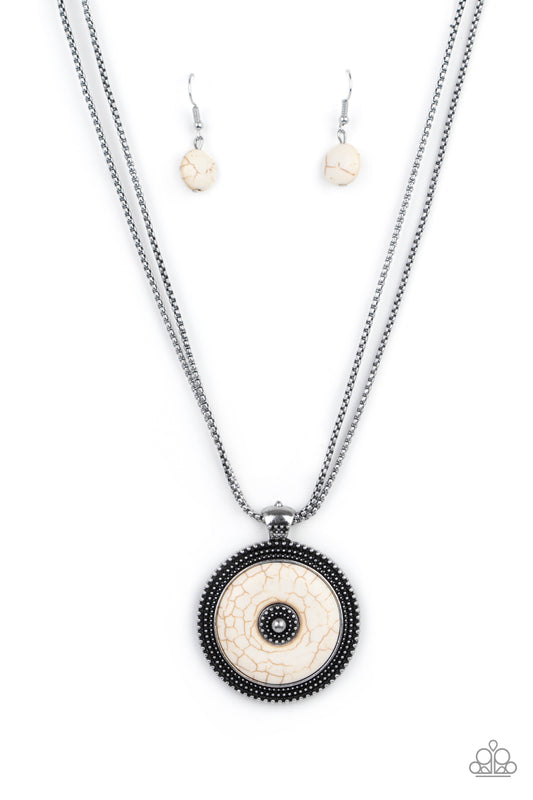EPICENTER of Attention - White Stone Disc & Textured Silver Frame Pendant Paparazzi Necklace & matching earrings
