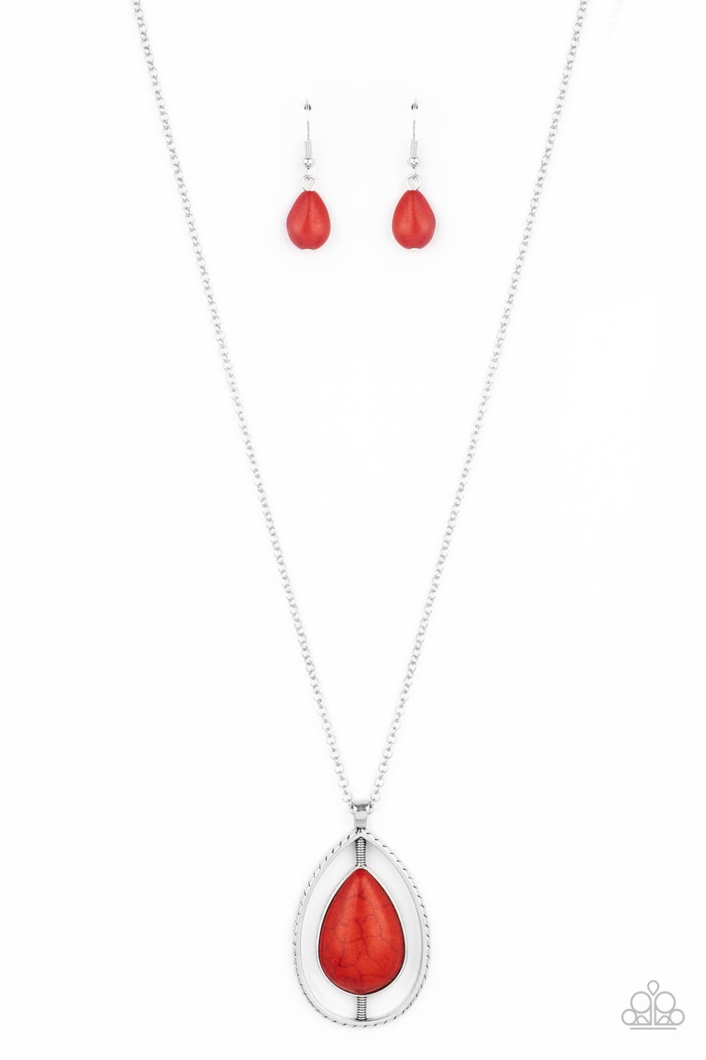 Here Today, PATAGONIA Tomorrow - Red Teardrop Stone Paparazzi Pendant Necklace & matching earrings