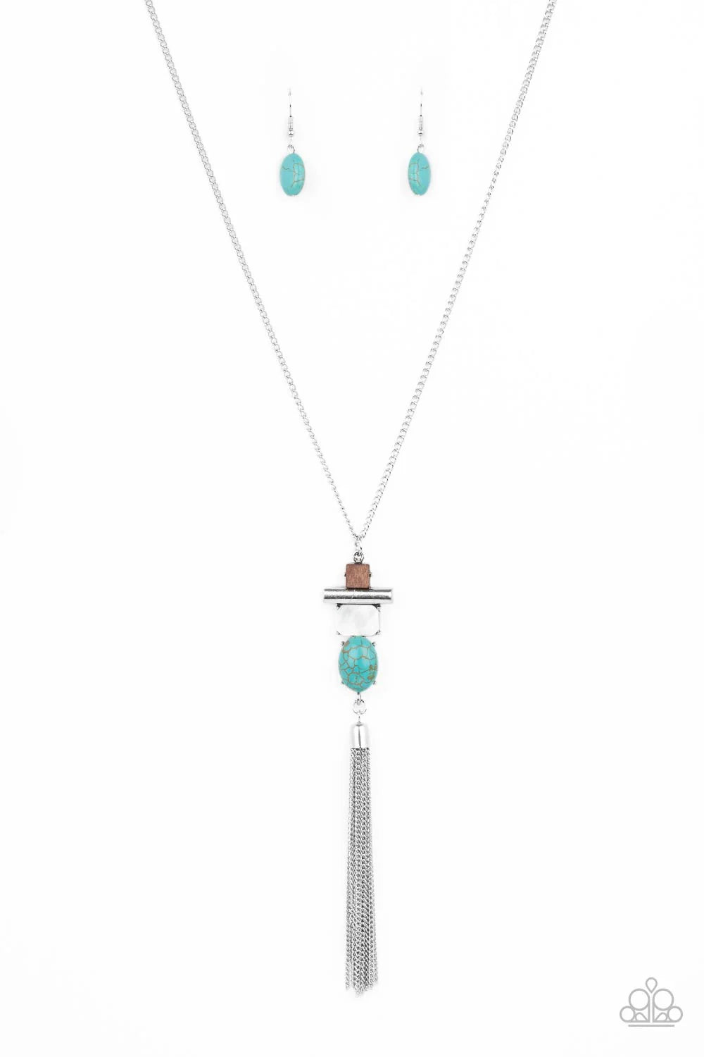 Natural Novice - Blue/Turquoise Stone, Wooden Square, & White Shell Paparazzi Pendant Necklace & matching earrings