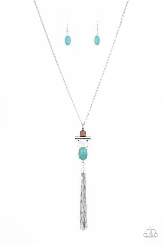 Natural Novice - Blue/Turquoise Stone, Wooden Square, & White Shell Paparazzi Pendant Necklace & matching earrings