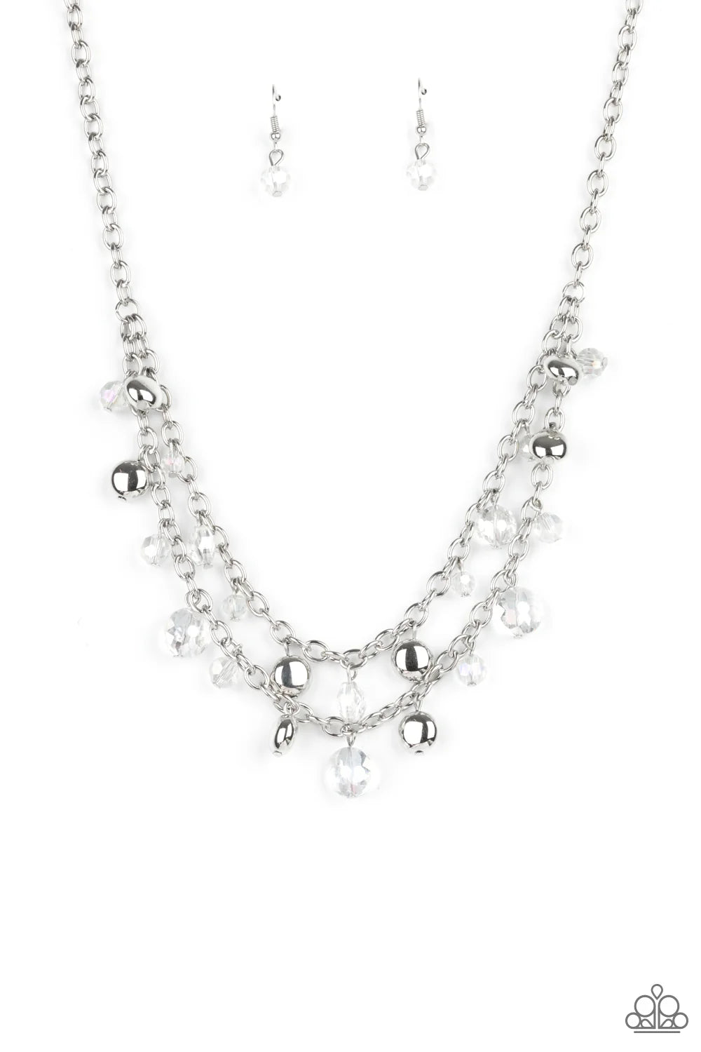 Ethereally Ensconced - White Iridescent Crystal-Like Beaded Paparazzi Necklace & matching earrings