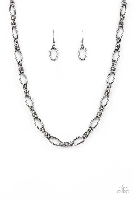 Defined Drama - Gunmetal Oval Linked Frame Paparazzi Necklace & matching earrings