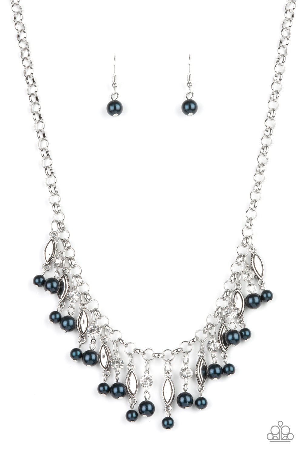 Cosmopolitan Couture - Blue Pearl, White Rhinestone, & Silver Frame Fringe Paparazzi Necklace & matching earrings