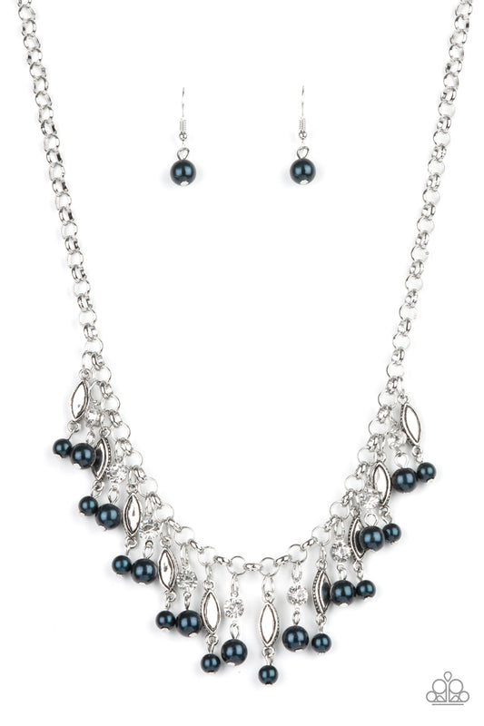 Cosmopolitan Couture - Blue Pearl, White Rhinestone, & Silver Frame Fringe Paparazzi Necklace & matching earrings