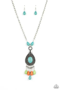 Cowgirl Couture - Multi Turquoise, Green, & Orange Stone Pendant Paparazzi Necklace & matching earrings
