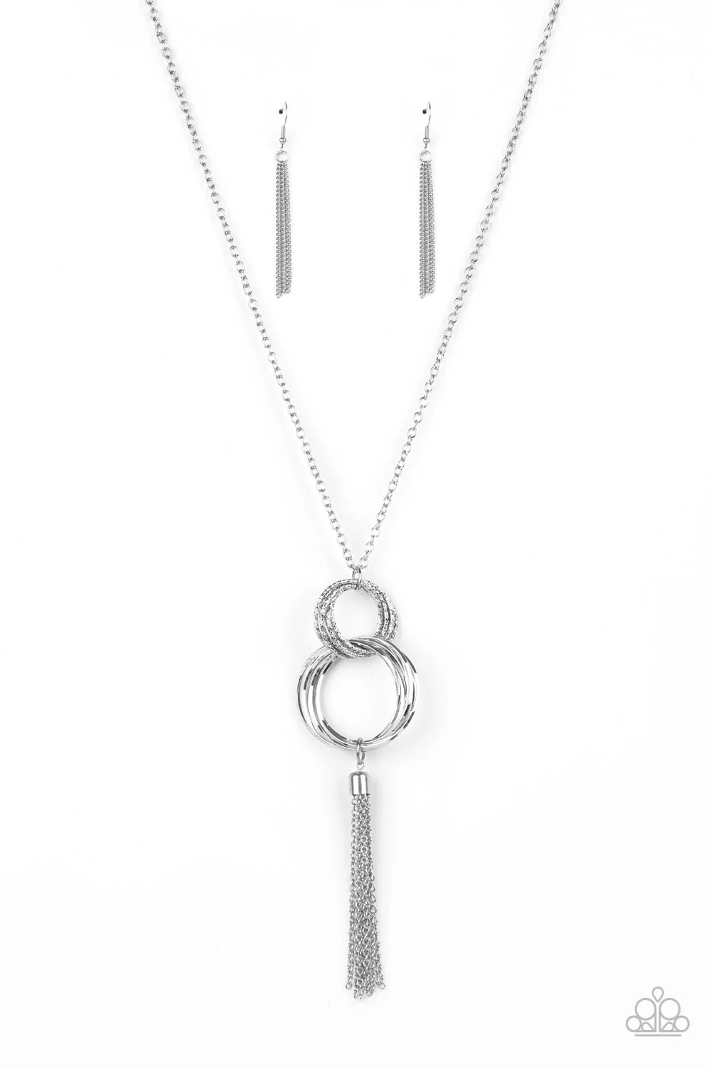 Orbiting Splendor - Silver Linked Hoop & Chain Tassel Pendant Paparazzi Necklace & matching earrings