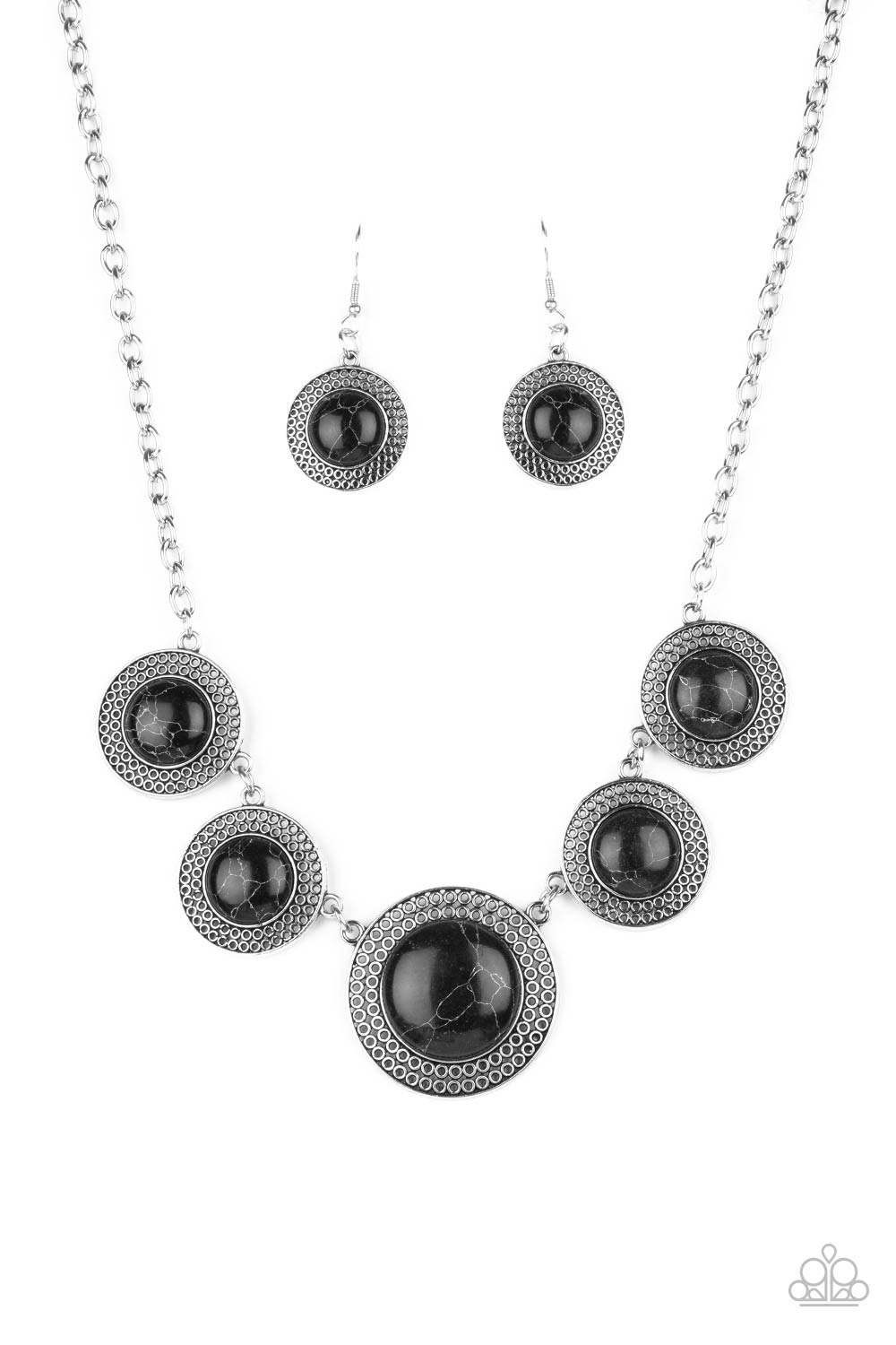 Circle The Wagons - Black Stones & Round Silver Frame Paparazzi Rustic Look Necklace & matching earrings