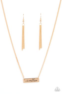Joy Of Motherhood - Gold "Mother" Paparazzi Pendant Necklace & matching earrings