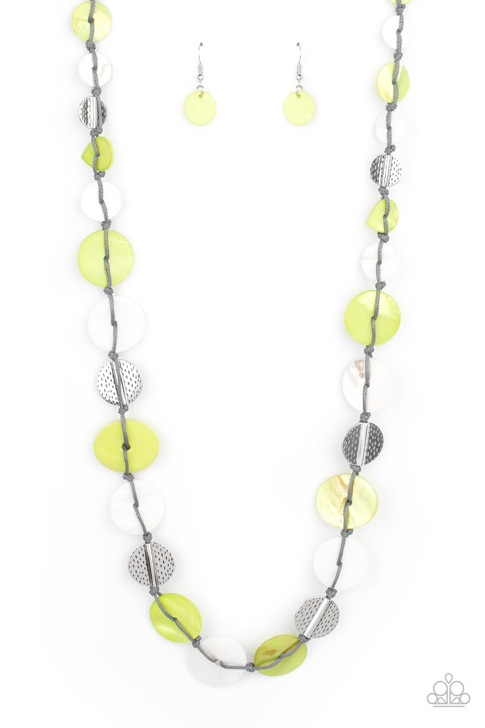 Seashore Spa - Green & White Shell-Like Disc/Gray Cording Paparazzi Necklace & matching earrings