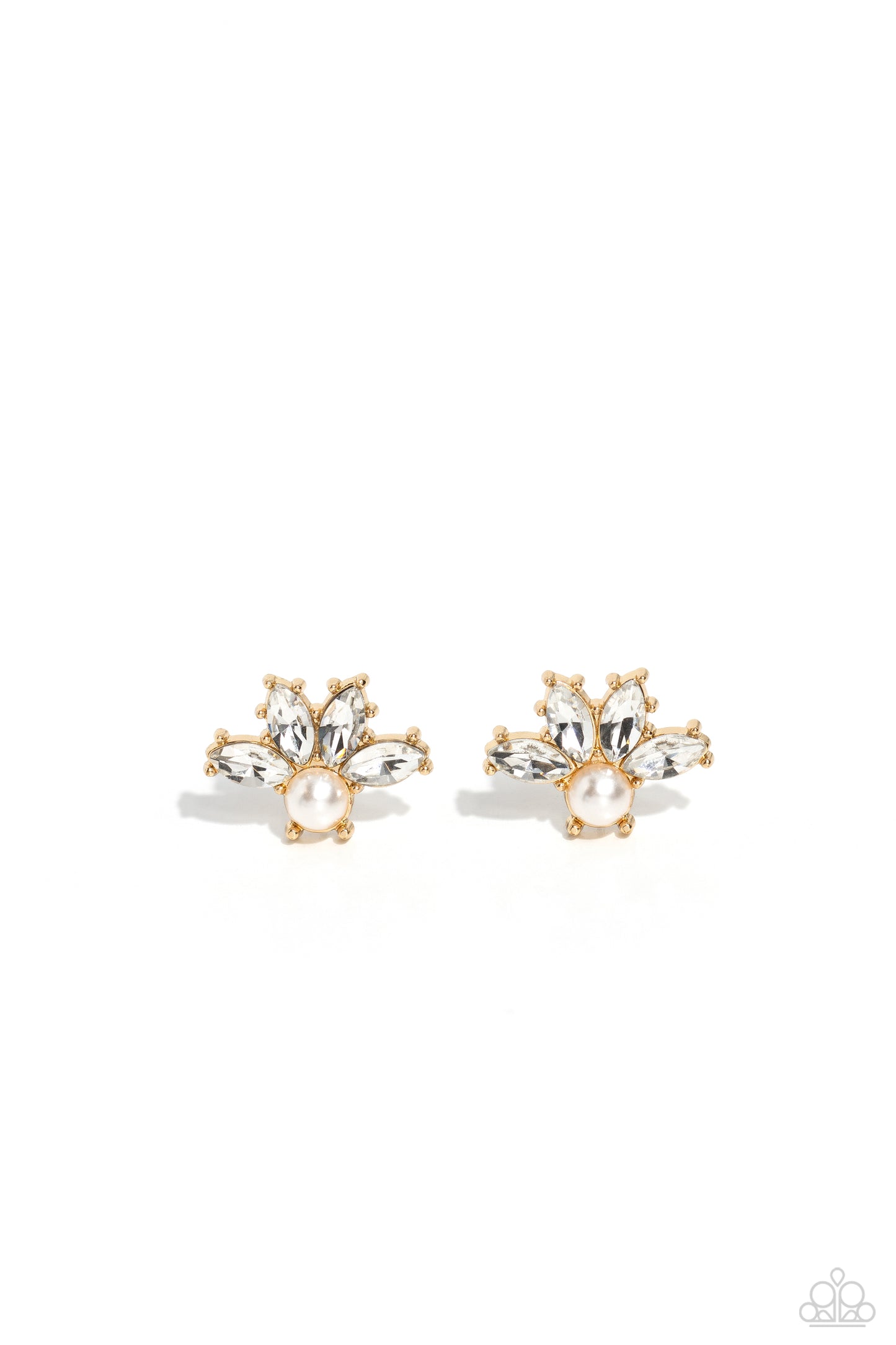 Stellar Showcase - Gold Fittings, Marquise-Cut Rhinestone Fan, & White Pearl Paparazzi Earrings