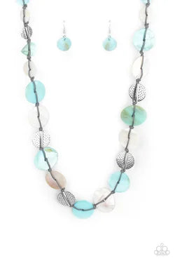 Seashore Spa - Blue & White Shell-Like Discs/Silver Hammered Discs/Gray Cording Paparazzi Necklace & matching earrings