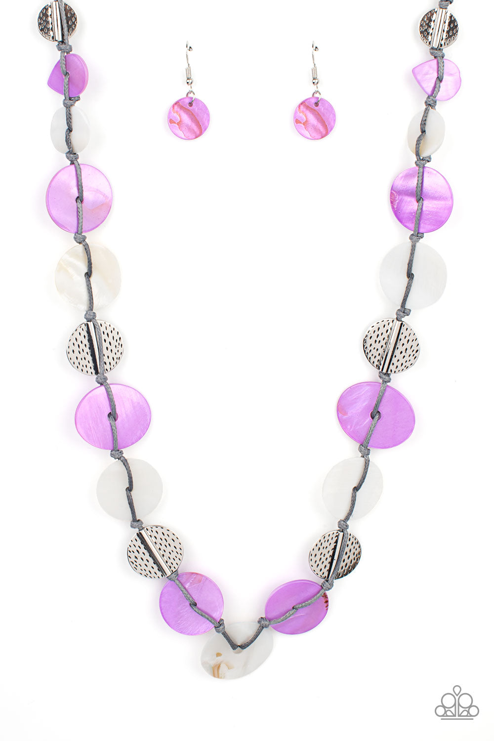 Seashore Spa - Purple & White Shell Discs/Hammered Silver Discs/Gray Cord Paparazzi Necklace & matching earrings
